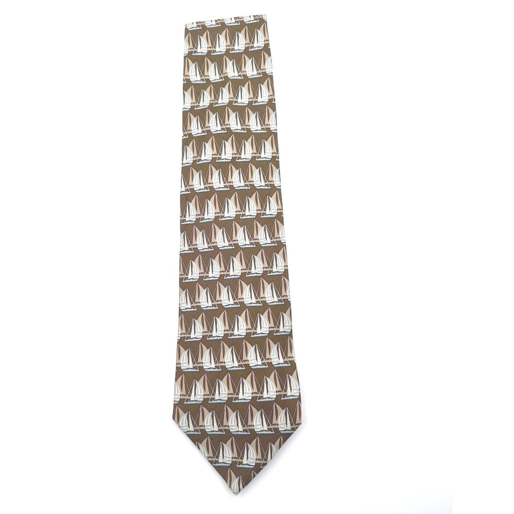 Vintage Banana Republic Silk Tie Brown Sailboat Nautical Pattern Made in Italy